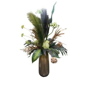 Home Decor Flower Arrangement No-2 Tall Gold Vase Green Plum Flower 24 Front View