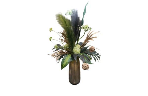 Home Decor Flower Arrangement No-2 Tall Gold Vase Green Plum Flower 24 Front View