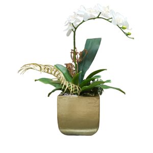 Home Decor Flower Arrangement No.90 - 022022 Gold Square Planter XL Orchid Mix Front View