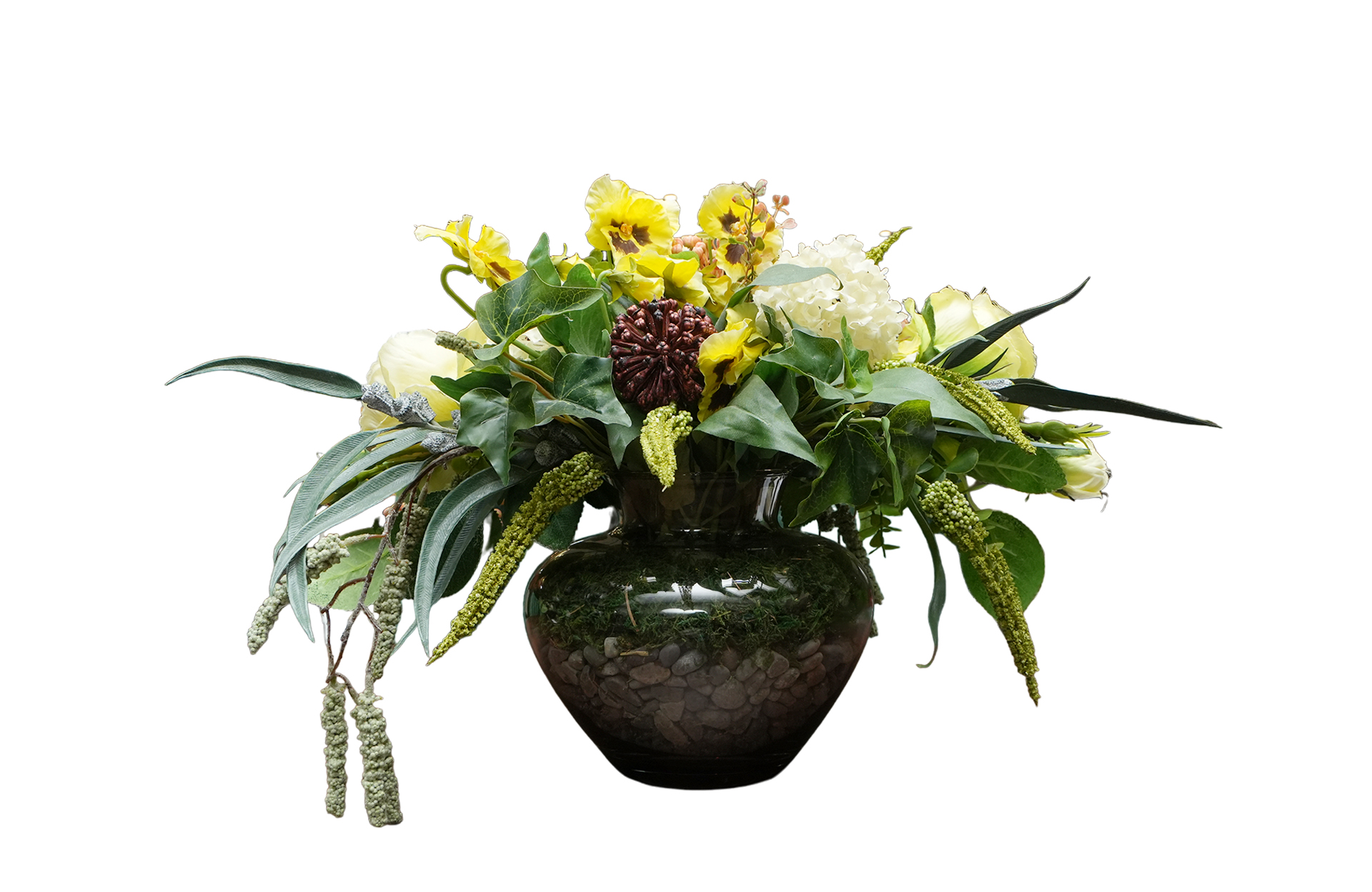 Home Decor Flower ArrangementNo.60 - 022022 Brown Glass Vase Spring Bouquette Yellow Front View