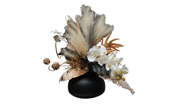 Home Decor Flower Arrangement Nr.23 Black Round Metal Bowl, Extravaganza 2023 Look Front View