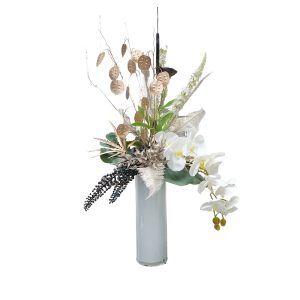 Home Decor Flower Arrangement Nr.50 White Tall Vase, Modern Garden Look Front View