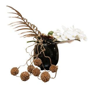 Home Decor Flower Arrangement Nr. 37-38 Black Glossy Pot, Minimalistic Style, brons Front View