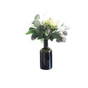 Home Decor Flower Arrangement No.115 - 022022 Green Bottle Roos White Front View