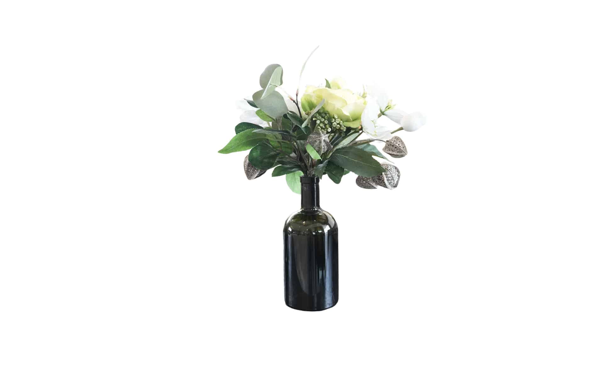 Home Decor Flower Arrangement No.115 - 022022 Green Bottle Roos White Front View