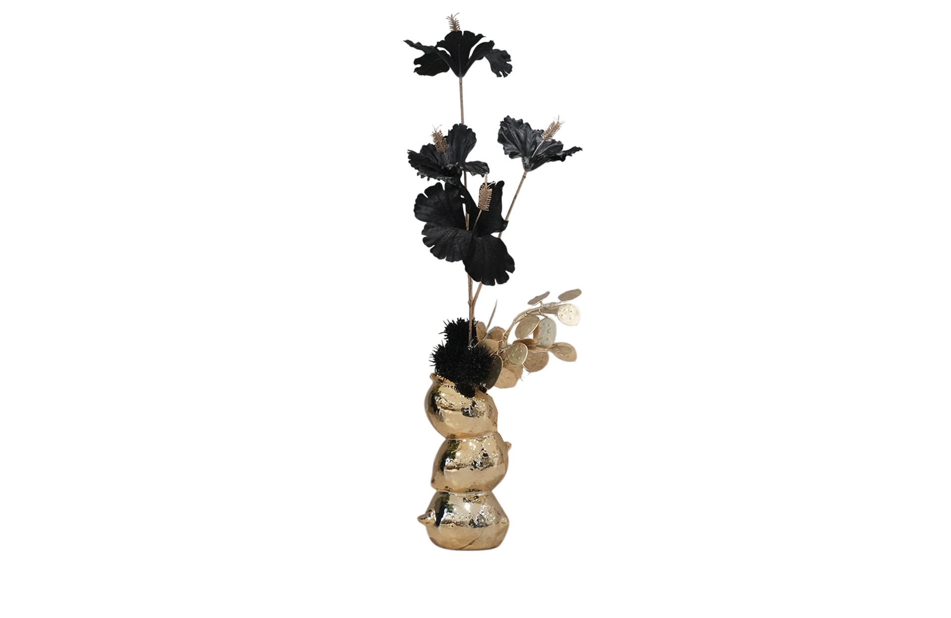 Home Decor Flower Arrangement Glossy Gold Lemon Vase / Hibiscus Black Gold No.30-25 Front View